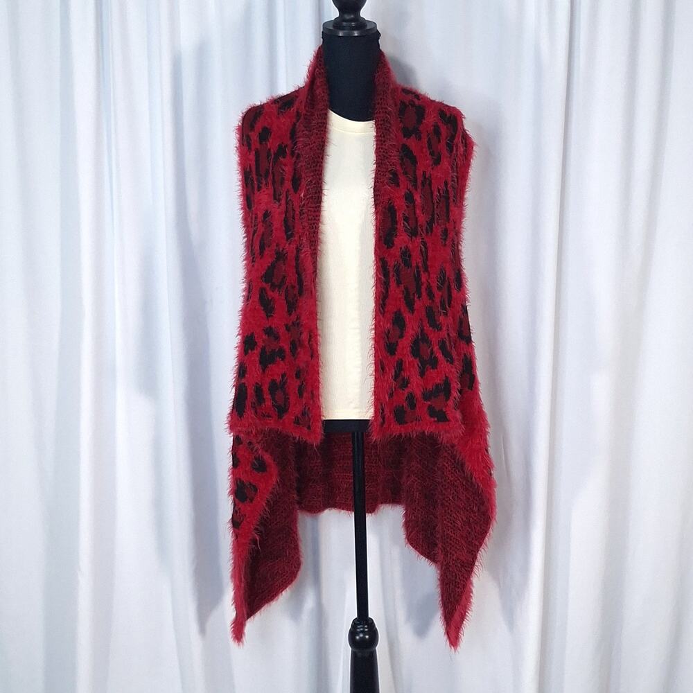 Red Leopard Print Fuzzy Eyelash Knit Draped Vest One Size Festival Costume Party